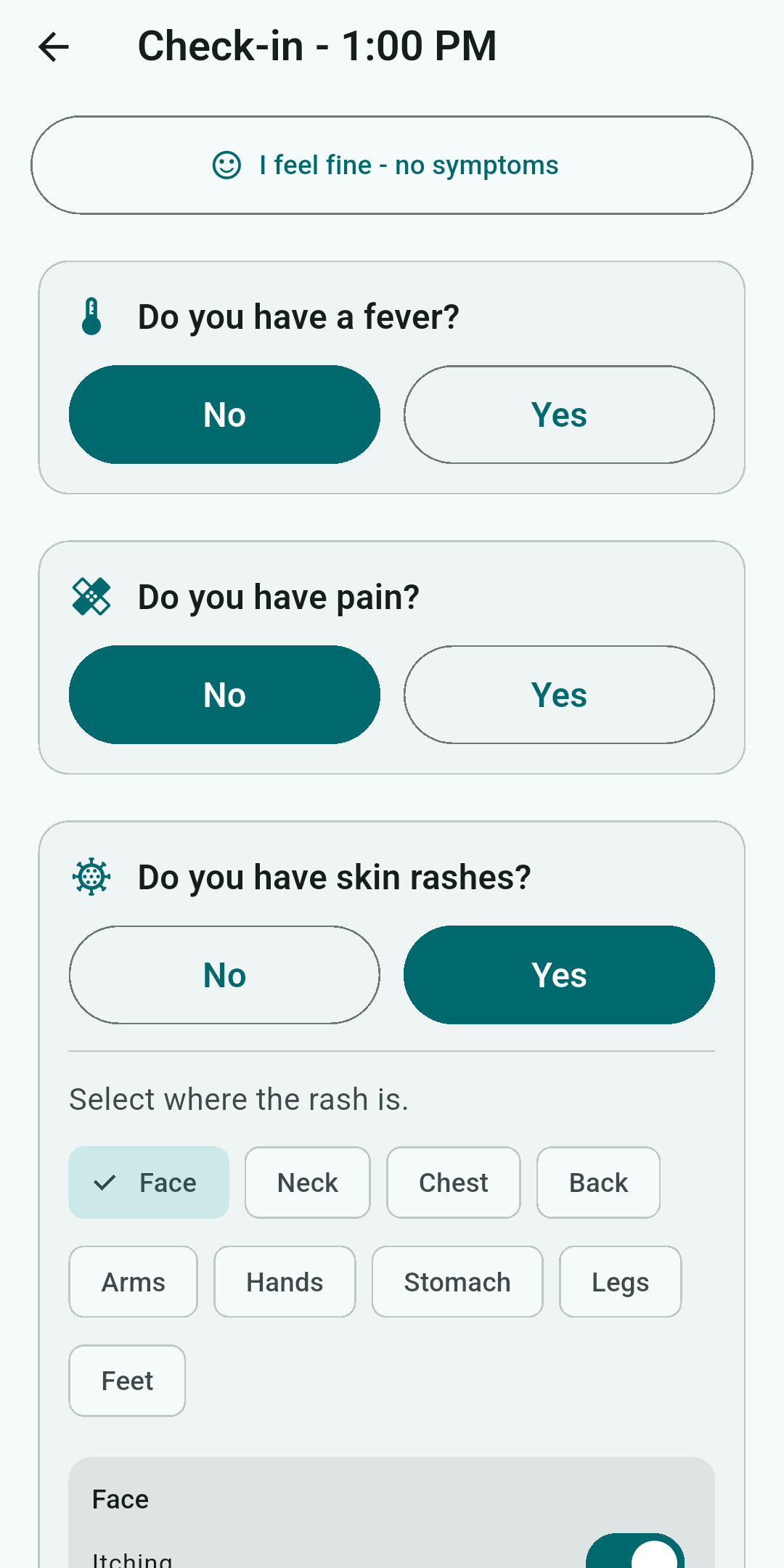 A check-in form asking about fever, pain and skin rashes, with body areas to select for the rash.