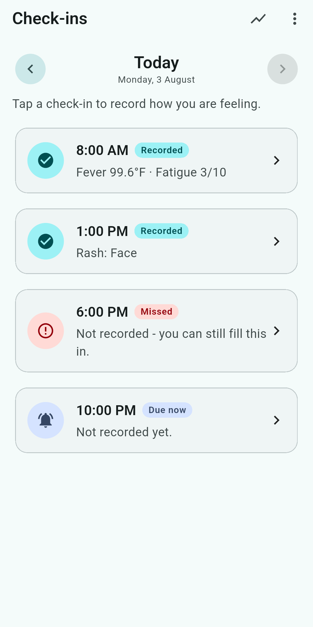 The Clinilog check-ins screen showing the day's check-ins — two recorded, one missed, one due now.